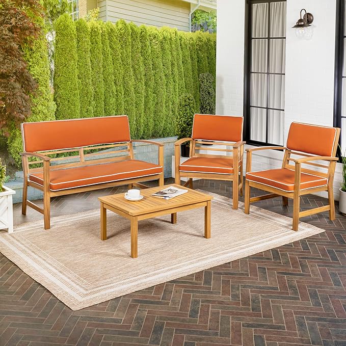 JONATHAN Y LVG1000D-4SET Barclay 4-Piece Modern Coastal Acacia Wood Conversation Outdoor Patio Set with Cushions Transitional, Classic, Traditional, Vintage, Mid-Century, Orange/Teak Brown