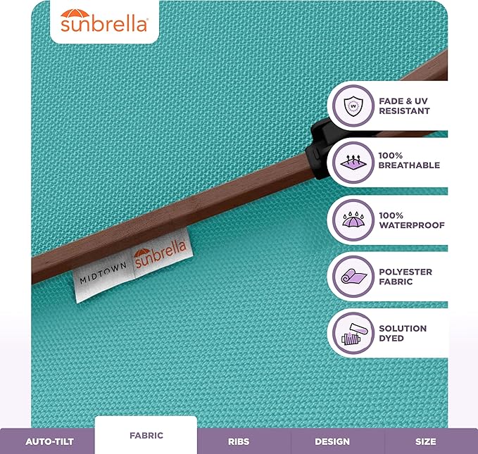 Midtown Umbrellas Sunbrella Umbrella Outdoor Patio Umbrella 2-9 Feet in Sunbrella Aruba Acrylic Fabric, Auto-Tilt Aluminum Frame For Backyard, Deck & Porch Umbrella - Wooden Pole