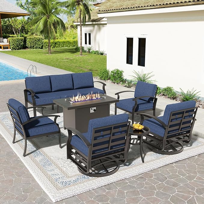 Aluminum Patio Furniture Set with Propane Fire Pit Table,7 Seats Metal Modern Outdoor Furniture w/5.1" Cushions,Patio Sectional w/Swivel Chairs for Patio,Backyard,NavyBlue