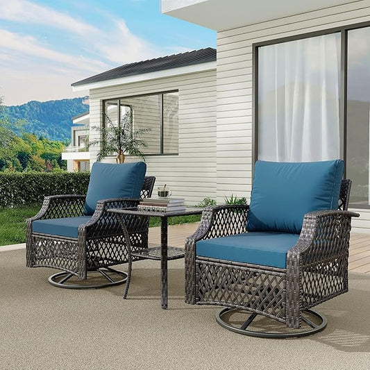 HOMREST 3 Piece Outdoor Swivel Chair Set, Wicker Patio Bistro Set with Thickened 25D Cushions and Glass Coffee Table, Patio Furniture Conversation Set for Deck, Yard, Garden, Poolside(Turquoise)