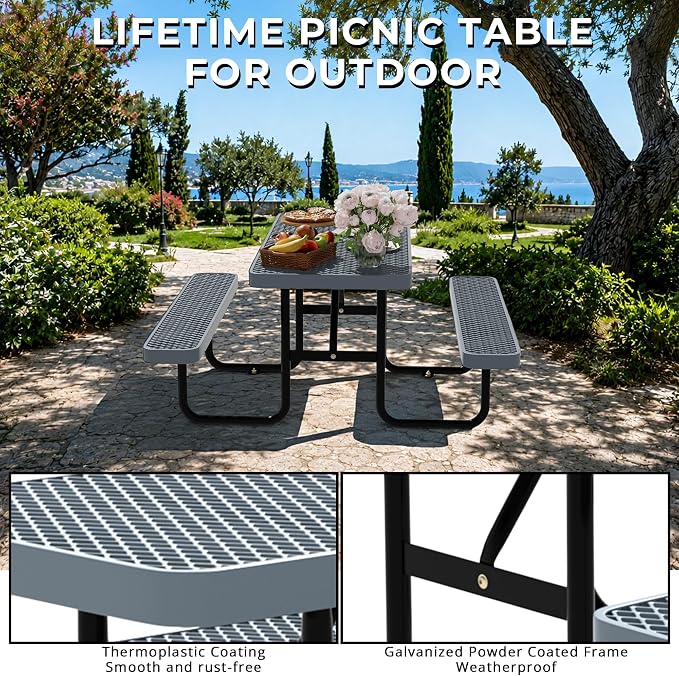 4FT Rectangular Steel Outdoor Picnic Table, Commercial Picnic Table Bench Set with Umbrella Hole, Weather-Resistant Heavy Duty School Dining Table for Stores, Park, Patio, Garden, Backyard, Grey
