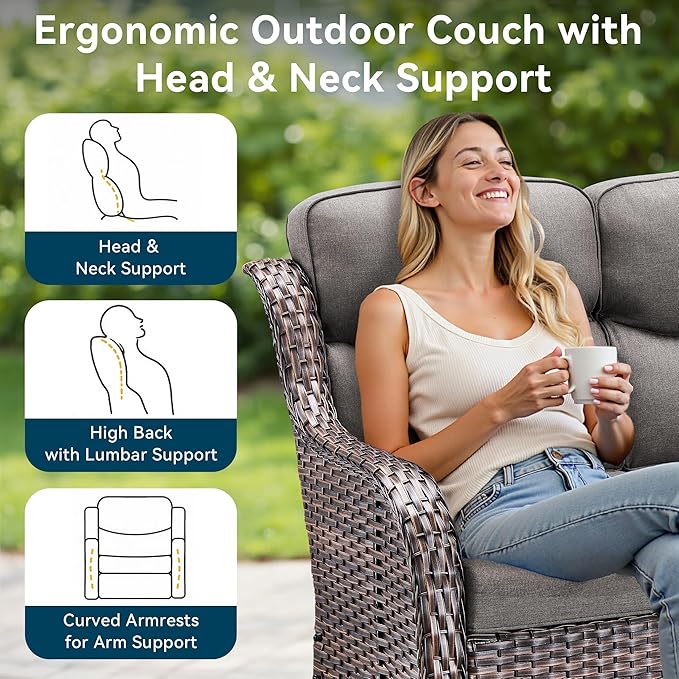 Luxury 3 Pieces Patio Furniture Sets-All Weather Wicker Rattan 3-Seat Sofa Set with Comfy 6" Cushion, Multifunctional Ottomans Patio Conversation Set for Deck Backyard Garden(Brown/Grey)