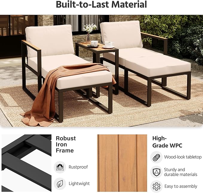LAUSAINT HOME 5 Pieces Outdoor Conversation Set, Metal Patio Chairs with Thick Cushions 2 Ottomans&Side Table for Backyard, Poolside, Porch, Balcony (Beige)