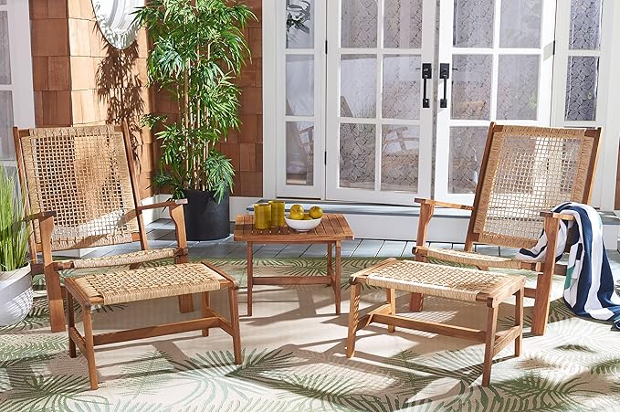 SAFAVIEH Outdoor Collection Chantelle Acacia Wood Woven Rattan 5-Piece Patio Set PAT7076A, Natural/Light Brown