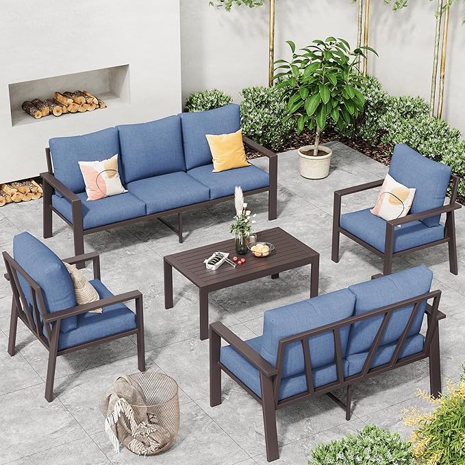 Aluminum Patio Conversation Set All-Weather Outdoor Furniture 5-Piece Sectional Sofa with 4" Cushions, Modular Patio Set for Porch Poolside Deck Yard