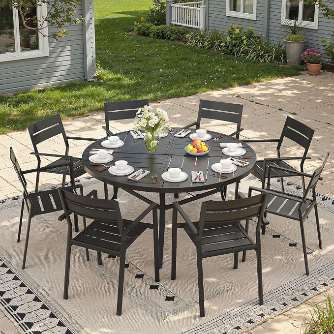 Patio Dining Set for 8, Round 53.1" Patio Dining Table and Stackable Outdoor Dining Chairs Outdoor Furniture for Backyard Porch Deck, Spliced Black Table and Black Chairs