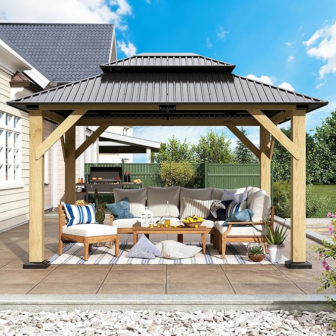 10'x12' Wood Gazebo,Outdoor Cedar Wood Hardtop Gazebo with Galvanized Steel Double Roof, Wooden Frame Gazebos for Patio, Backyard, Deck