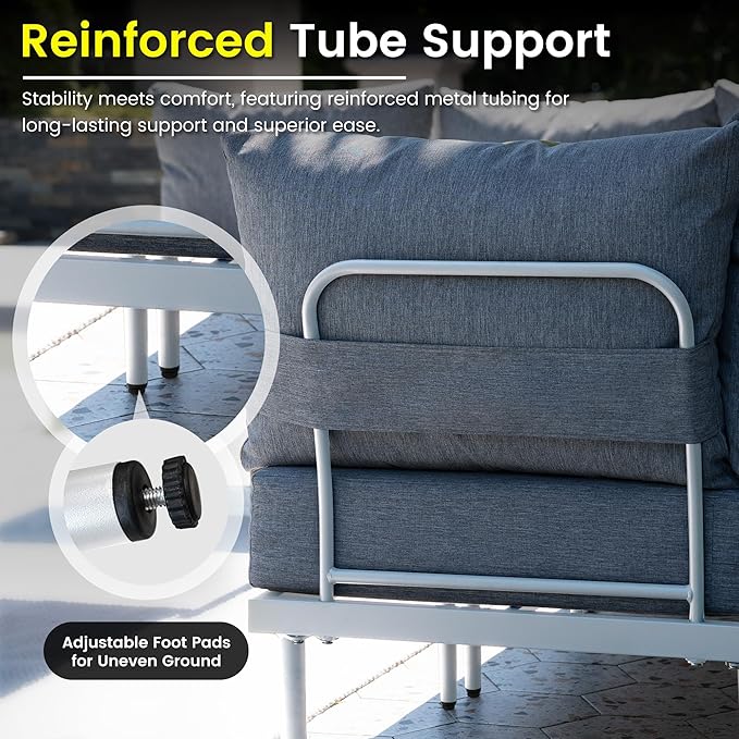 Metal Patio Furniture Set, 3 Pieces Outdoor Sectional Sofa Sets with Coffee Table, 6" Thick Cushion Modular Outdoor Conversation Set for Balcony, Patio & Courtyard (Gray/White)