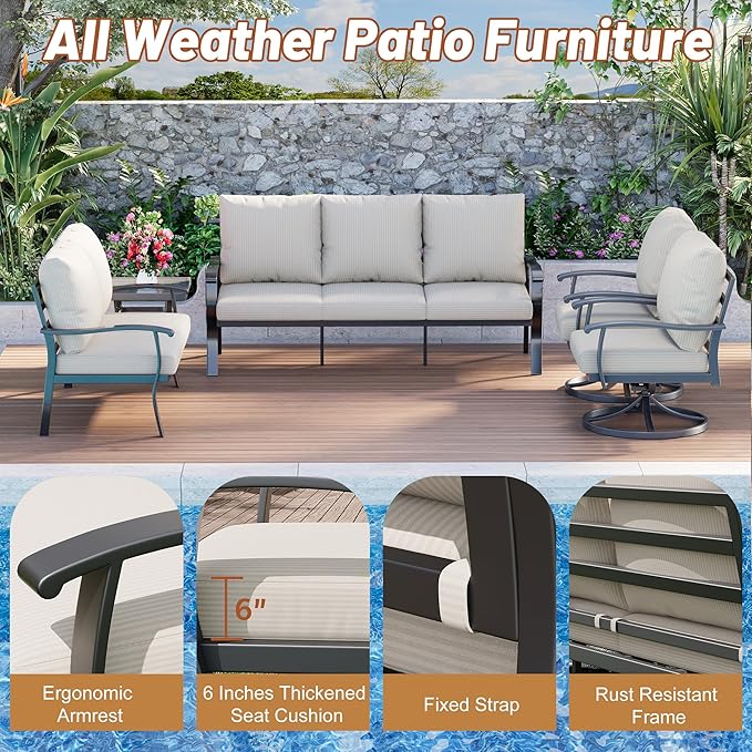 HOMREST Outdoor Furniture Thickened Cushion 360 Degree Swivel Rocking Patio Chairs and 3-Seat Sofa, Loveseat, Coffee Table, 5 PCS Metal Conversation Set for Garden, Deck and Poolside
