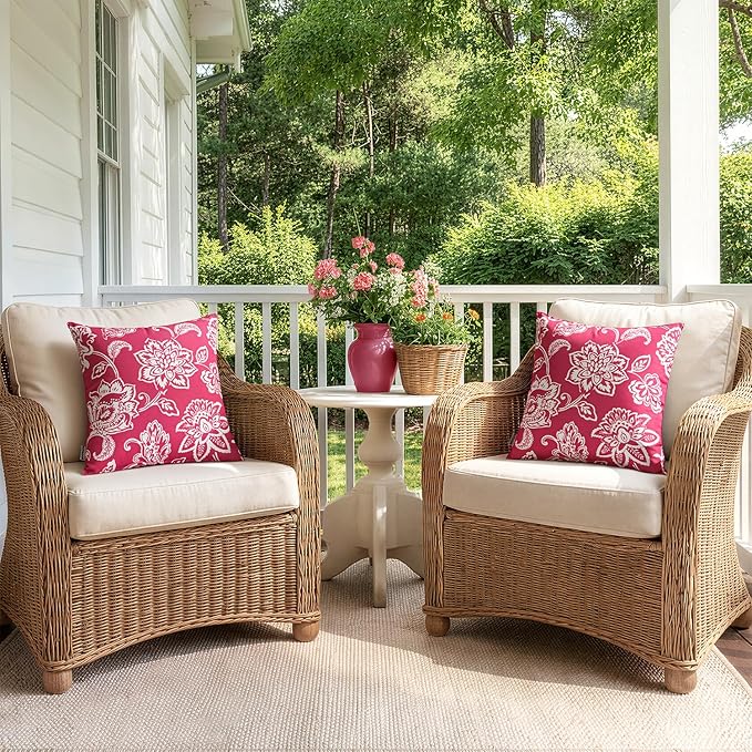 Decorative Outdoor Floral Pillow Covers Set of 2,Waterproof Boho Farmhouse Throw Pillows Summer Accent Pillowcases for Patio Furniture Garden Sofa 18x18 Inch, Hot Pink