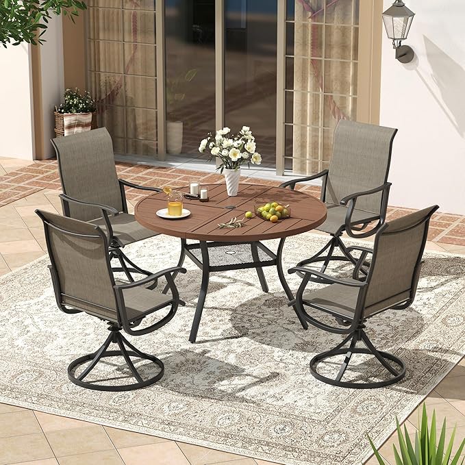 VICLLAX Patio 5 Pieces Outdoor Dining Set, 40.6" Round Metal Table with Umbrella Hole and Storage Shelf, 4 Swivel Textilene Chairs for Lawn, Garden, Porch, Walnut/Brown