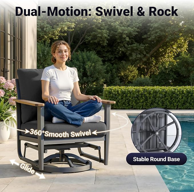Aluminum Outdoor Patio Furniture Set, 6-Piece Outdoor Sofa with 5.1" Thick Cushions, Swivel Rocking Chairs, Outdoor Couch with Ottomans, for Porch, Garden, Black