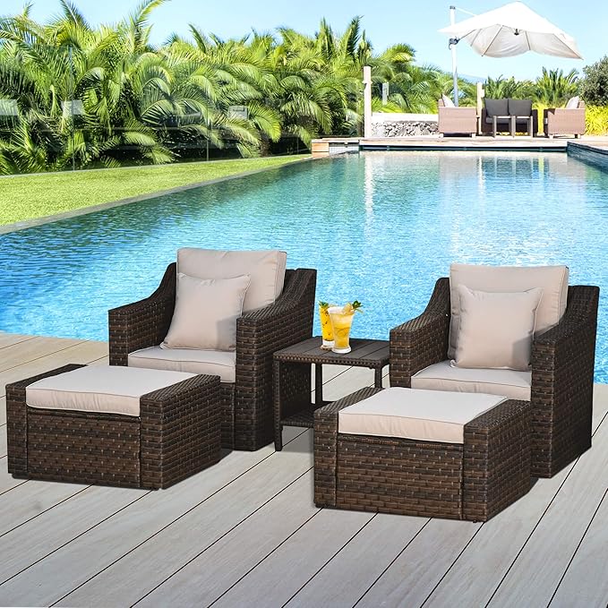 Outsunny 5 Piece Patio Furniture Set, All Weather PE Rattan Conversation Chair, and Ottoman Set with Coffee Table, Cushions & Pillows Included for Balcony, Porch, Deck, Pool, Lawn, Beige