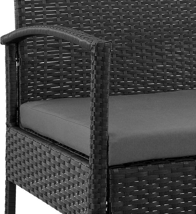 Manhattan Comfort Noli 4-Piece Patio Conversation Set, Outdoor Furniture Made of Steel Rattan | Includes 2 Modern Armchairs, Loveseat, Tempered Glass Coffee Table, Removable Waterproof Cushions, Grey