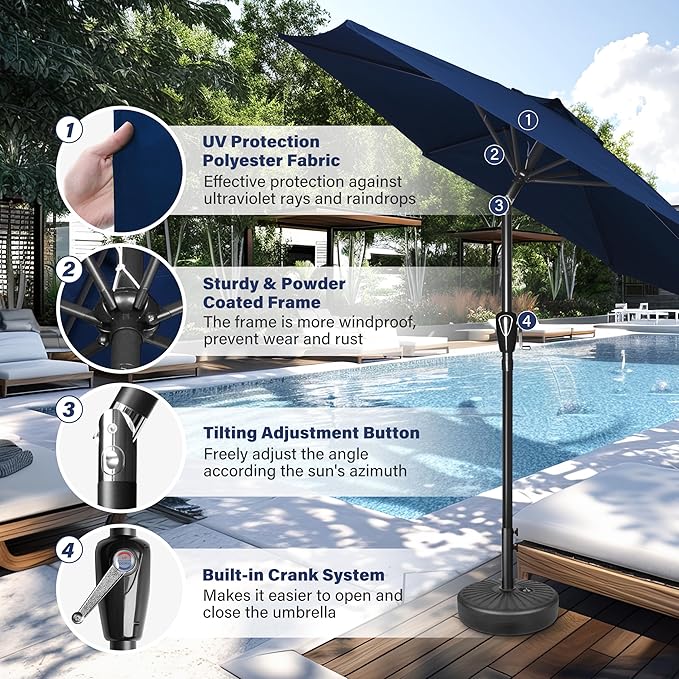 HealSmart 7.5ft Patio Umbrella with Push Button Tilt/Crank, Outdoor Table Market Yard Umbrella, 6 Sturdy Ribs for Garden, Deck, Backyard, Pool