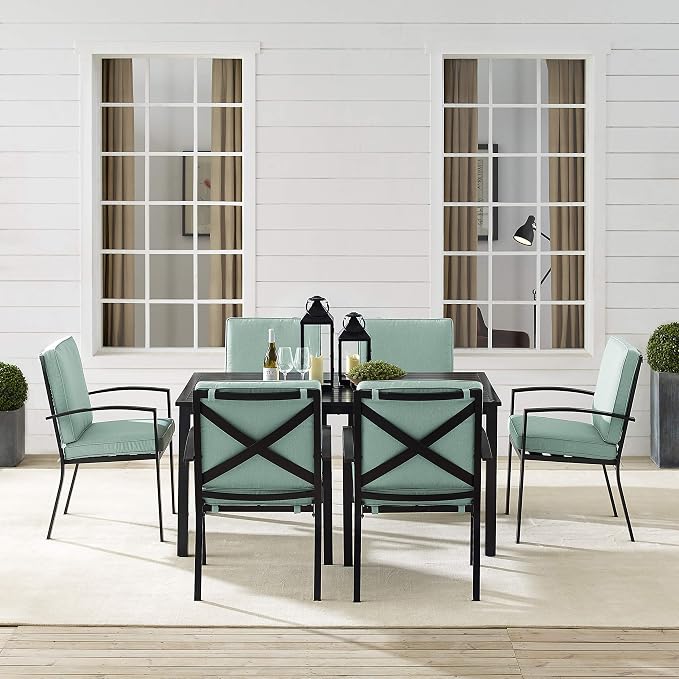 Crosley Furniture Kaplan 7-Piece Outdoor Dining Set for 6, Patio Table and Chairs for Backyard, Deck, Oiled Bronze with Mist Cushions