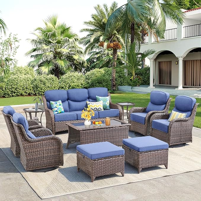 Luxury 10 Pieces Patio Furniture Set, Wicker Swivel Rocker Patio Chairs with 6" Thick Cushion, Outdoor Wicker Sofa with Coffee Table, All Weather Outdoor Conversation for Garden Porch(Brown/Blue)