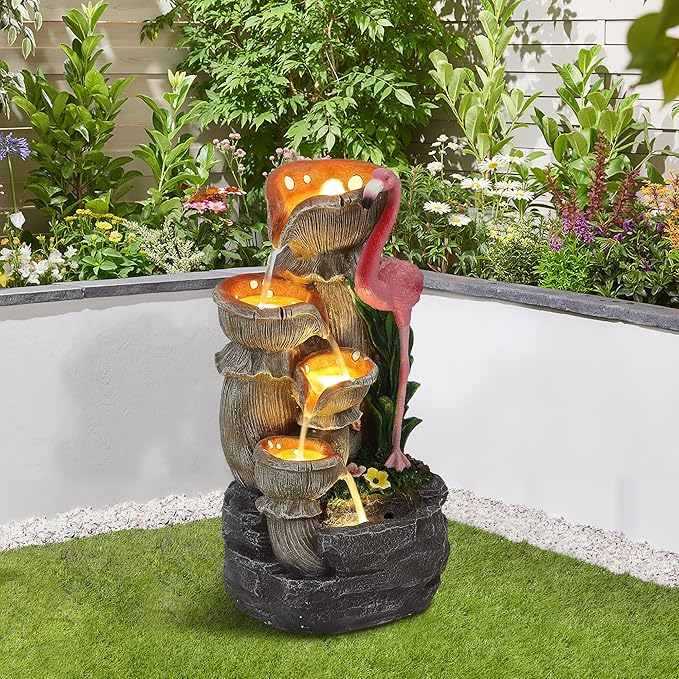 Flamingo Outdoor Water Fountain, 5 Tiered Waterfall Fountains with LED Lights, Floor Garden Waterfalls Outside, Modern Cascading Flow Fountain for Garden, Yard, Patio, Home Decor