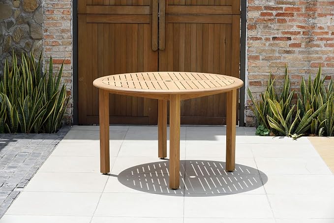 Urban Elements Melbourne 5-Piece Patio Furniture Set | Teak Finish 100% FSC Eucalyptus Wood | Backyard Furniture, Outside Table and Chairs, Round Outdoor Dining Set, White