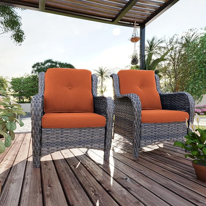 Outdoor Wicker Chair Rattan Patio Dining Chairs Set of 6 PE Wicker Patio Chairs with 4 inch Seat Cushions Patio Seating Chair for Garden, Backyard Swimming Pool, Balcony, Orange