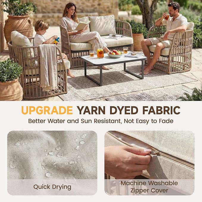 4 Piece Patio Conversation Set, Modular Outdoor Sectional Furniture Set for 4, Rattan Patio Sofa Couch with Cushions, Modern Patio Furniture Set with Coffee Table for Deck/Balcony/Porch, Beige