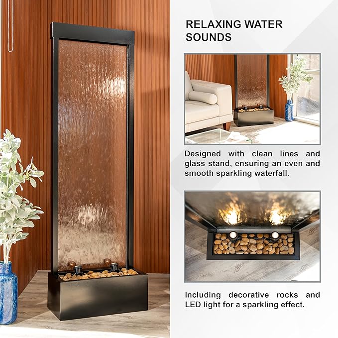68 in H Freestanding Modern Indoor/Outdoor Waterfall Fountain w/Decorative Rocks, LED Lights & Auto-Shut Off Pump, Aluminum/Clear Glass, Black
