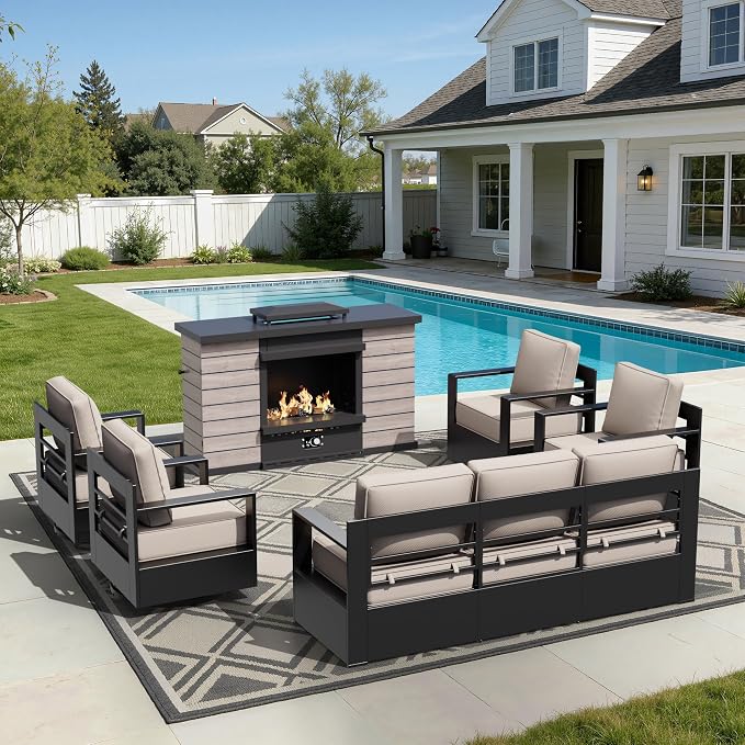 Outdoor Aluminum Furniture Set, 6-Piece Patio Conversation Set, 4 Chairs 1 Sofa and 1 Fireplace, All-Weather Metal Frame, 6" Thick Removable Cushions, Deep Setting for Garden, Poolside and Porch