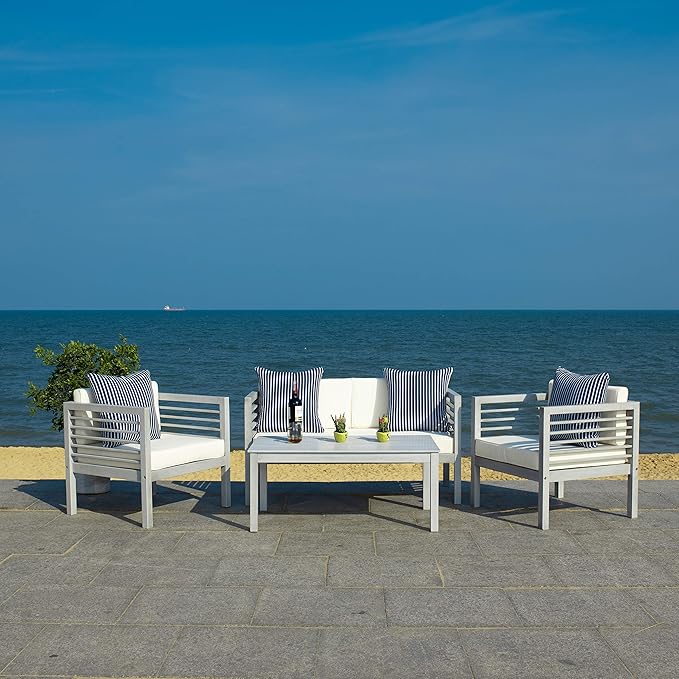 SAFAVIEH Outdoor Collection Alda Grey / Beige Cushions/ Striped Pillows 4-Piece Conversation Patio Set