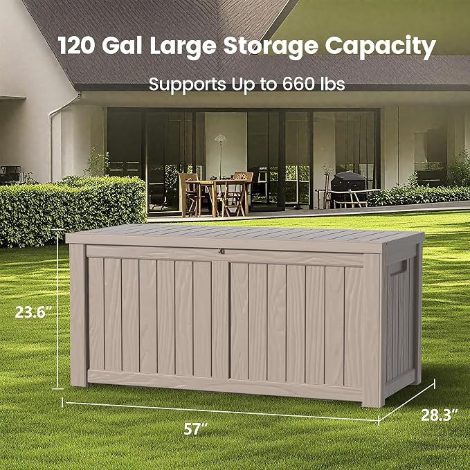 Zapdos 120 Gallon Outdoor Storage Box Deck Box with Stainless Steel Rods, Waterproof Large Resin Storage Bin for Patio Cushions Garden Tools, Lockable, Fade Resistant, Grey