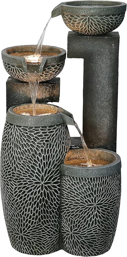 Hi-Line Gift Ltd. 4 Tiers Modern Cascading Water Fountain Outdoor with Warm White LEDs, Gray