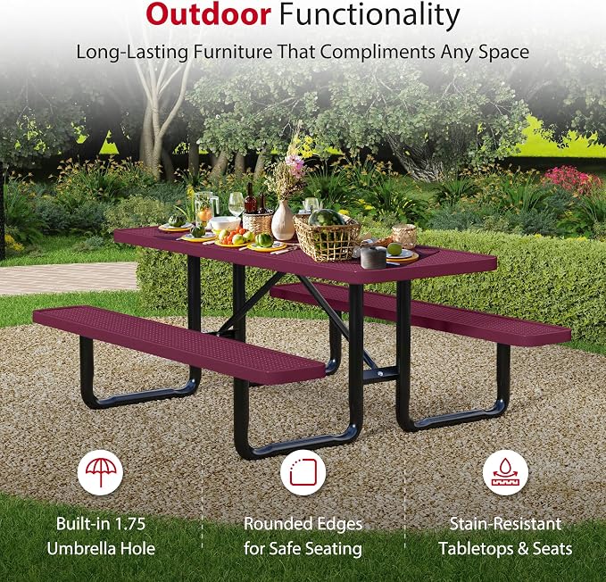 Leisure Craft Metal Picnic Table with Bench - 6 ft Rectangle Outdoor Dining Table for 6, Umbrella Hole, Weatherproof Heavy Duty Thermoplastic Coating, Commercial Grade Furniture Made in USA - Burgundy