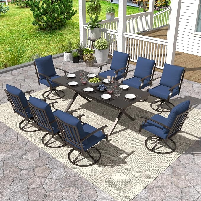 Gotland 9 Piece Outdoor Dining Set, Metal Outdoor Table and Swivel Chairs with X-Shaped Legs 1.5" Umbrella Hole, Patio Furniture Set with Waterproof Cushions, Patio Dining Sets for Backyard Deck Navy