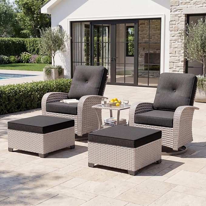 5-Piece Patio Furniture Set, Outdoor Swivel Rocking Chairs Set with Ottomans,All Weather Conversation Set for Porch Poolside Balcony,Black