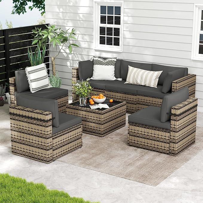 7-Piece Outdoor Sectional Sofa Set, Weather-Resistant Patio Furniture Set with Washable Cushions and Coffee Table, Brown Rattan Patio Conversation Set for Poolside, Backyard, Deck (Black)