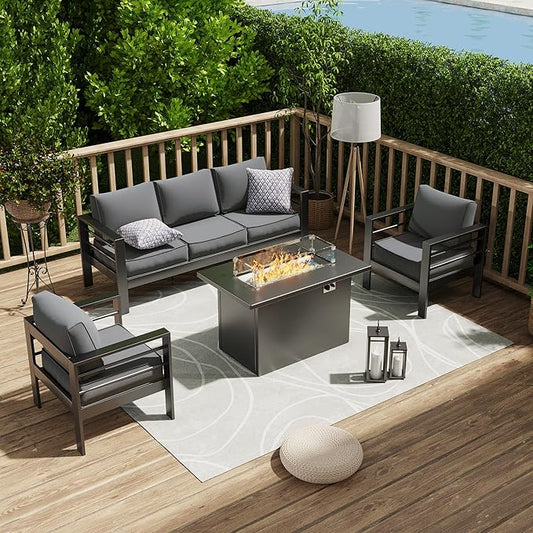 Amopatio Patio Furniture with Fire Pit, 6 Pcs Aluminum Outdoor Sectional Metal Patio Sofa Sets with Aluminum Fire Pit Table for Backyard(Included Waterproof Covers)