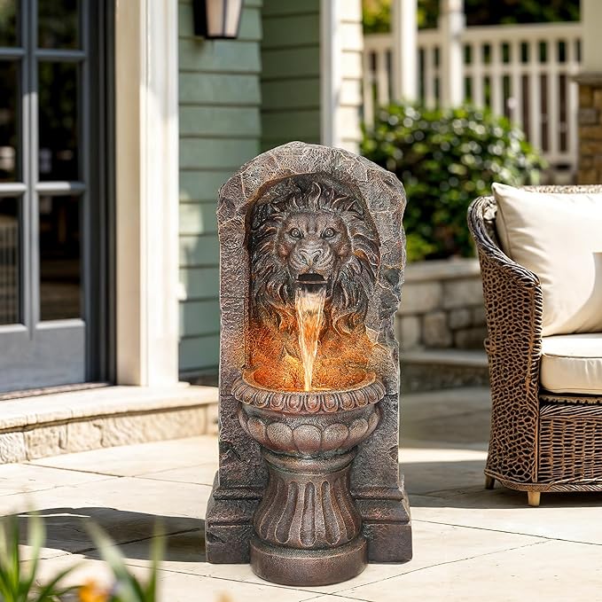 30" Lion Head Outdoor Water Fountain, Handcrafted Antique Stone Sculpture Garden Fountain, Warm LED-Lit Cascading Waterfall, Relaxing Fountains for Outside Garden Patio Yard Deck Floor Decor