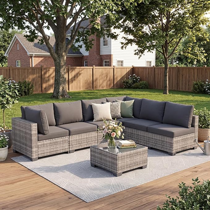7-Piece Modular Outdoor Sectional Wicker Patio Furniture Set | All-Weather Conversation Set w/ Glass Coffee Table for Backyard, Garden, Poolside (Grey PE Rattan + Grey Cushions)