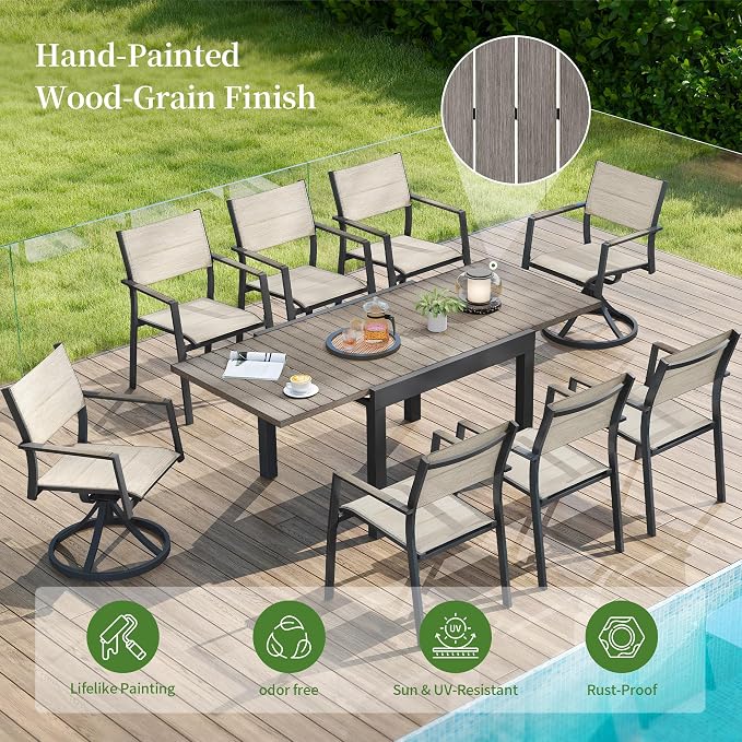 9 Piece Outdoor Dining Set, Expandable Outdoor Patio Dining Table and Swivel Chair Set, Aluminum Outdoor Table and 8 Chairs with Textilene Fabric & Armrest for Patio, Garden, Lawn(Grey)