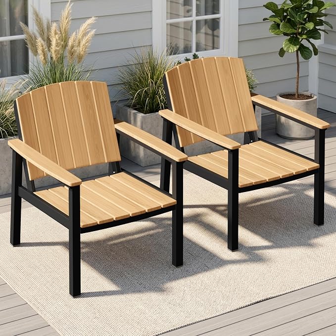 2 Pieces Aluminum Patio Furniture Armchair, All-Weather Outdoor Armchair Aluminum Frame HDPS Faux Wood, Patio Sofa Couch Set of 2 for Porch, Balcony, Deck, Yard Nature Wood