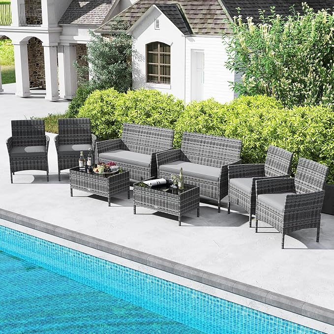 Tangkula 8 Piece Patio Rattan Conversation Set, Outdoor Wicker Furniture Set with Chair, Loveseat & Tempered Glass Table, Cozy Seat Cushions, Outside Sectional Sofa Set for Backyard