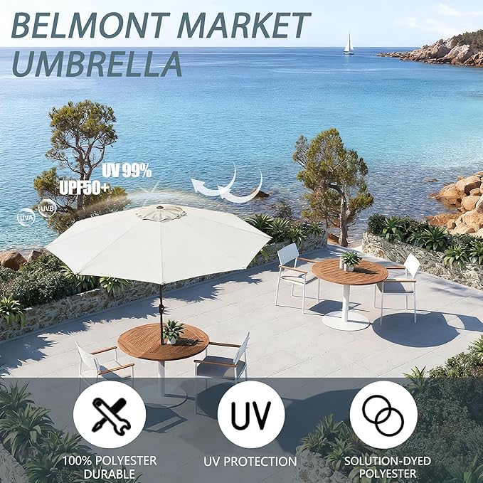 9FT Large Outdoor Patio Umbrella Pool Market Umbrella-UV Resistant, Easy Push Button Tilt and Crank, 8 Sturdy Ribs Heavy-Duty Table Umbrella for Deck, Backyard, Garden (White)