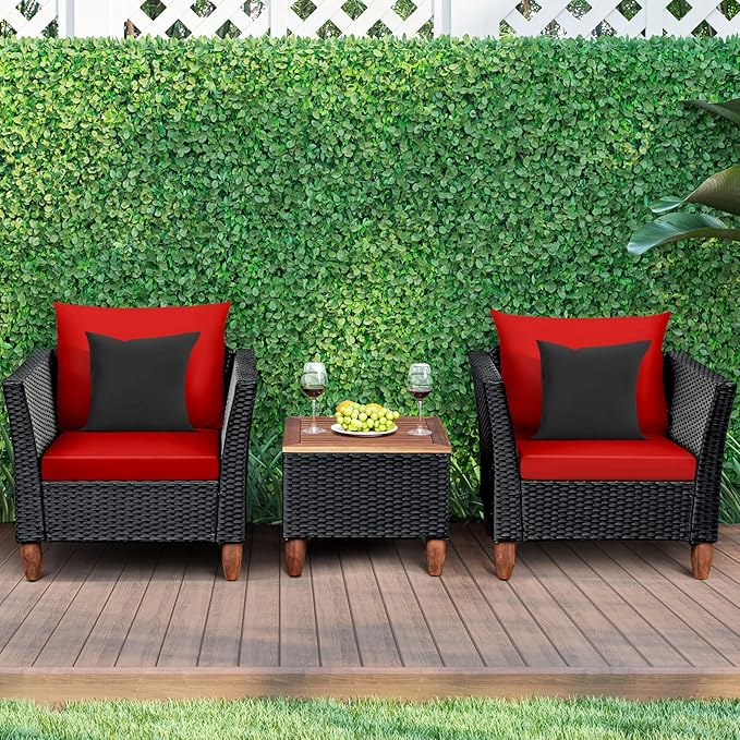 COSTWAY 3 Pieces Patio Rattan Furniture Set, Outdoor Wicker Conversation Chairs Set with Acacia Wood Coffee Table & Washable Cushion, Porch Furniture Bistro Set for Balcony, Garden, Backyard, Red