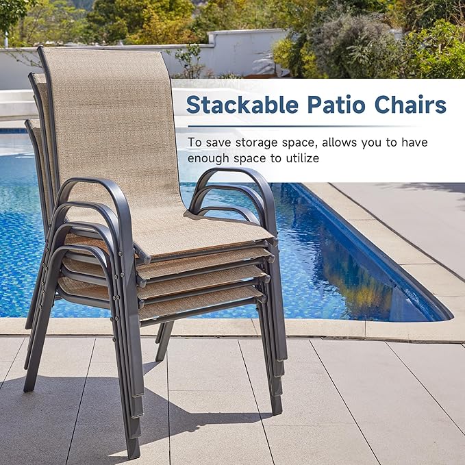 Amopatio 5 Pieces Patio Dining Set for 4, Outdoor Table and Chairs, 4 All Weather Stackable Patio Chairs, 39" Patio Spliced Round Table with Umbrella Hole, for Deck, Backyard, Garden,Brown