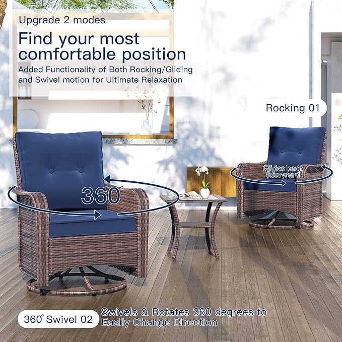 Kullavik 3 Pieces Patio Furniture Set,Outdoor Swivel Glider Rocking Chairs Set,Front Porch Furniture Patio Conversation Sets with Side Table for Balcony Deck Backyard,Navy Blue