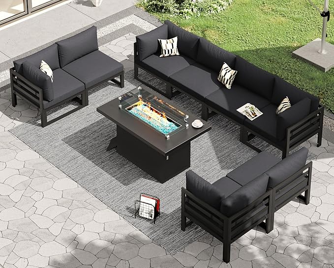 RADIATA 9 Pcs Modern Aluminum Outdoor Patio Furniture Set with Fire Pit Table Propane/Gas, Extra Large All-Weather Modular Sectional Couch, 29" Wide Deep Seating Conversation Sofa for Deck, Dark Grey