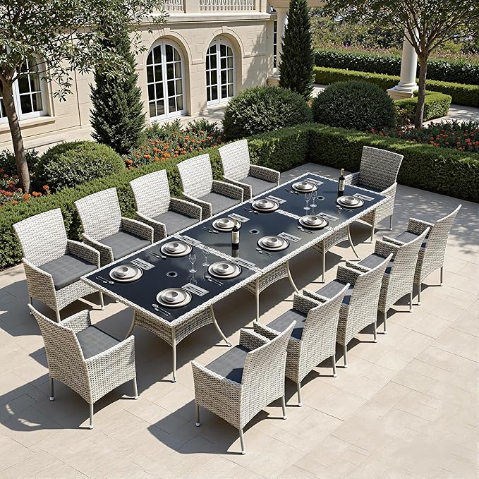 Outdoor Dining Set, 15-Piece Patio Furniture Set with Tempered Glass Table and 12 Cushioned Chairs, Dual-Strand Wicker Rattan, Balcony Furniture for Backyard, Garden, Deck,– Black