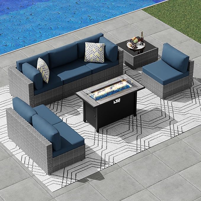 JAMFLY 8 Piece Outdoor Patio Furniture Set with Propane Fire Pit Table, All-Weather PE Wicker Rattan Sectional Sofa Set with Thick Cushions for Backyard, Garden, Poolside(Aegean Blue, Silver)