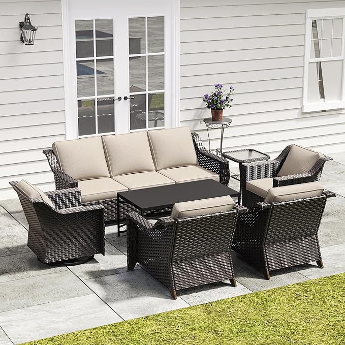 7 Pieces Outdoor Conversation Furniture Set - 77" Patio sofa, 2 Armchairs, 2 Swivel Glider Chairs, 1 Side Table, 1 Metal Coffee Table, Wicker Couch with Washable Cushions for Porch (Beige)