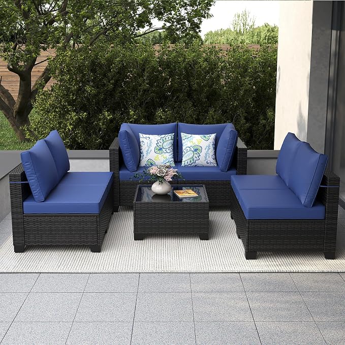 7 Pieces Patio Furniture Set, Outdoor Sectional Rattan Sofa Set, Wicker Patio Conversation Set with Cushions and Glass Coffee Table, for Balcony, Porch, Garden, (Brown/Blue)