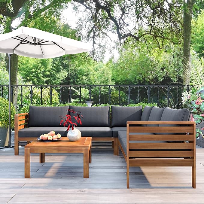 Patio Furniture 4 Pieces Conversation Sets, Acacia Wood Outdoor Sectional Furniture Conversation Sets with Cushions and Coffee Table for Garden Backyard Balcony and Porch (Gray)